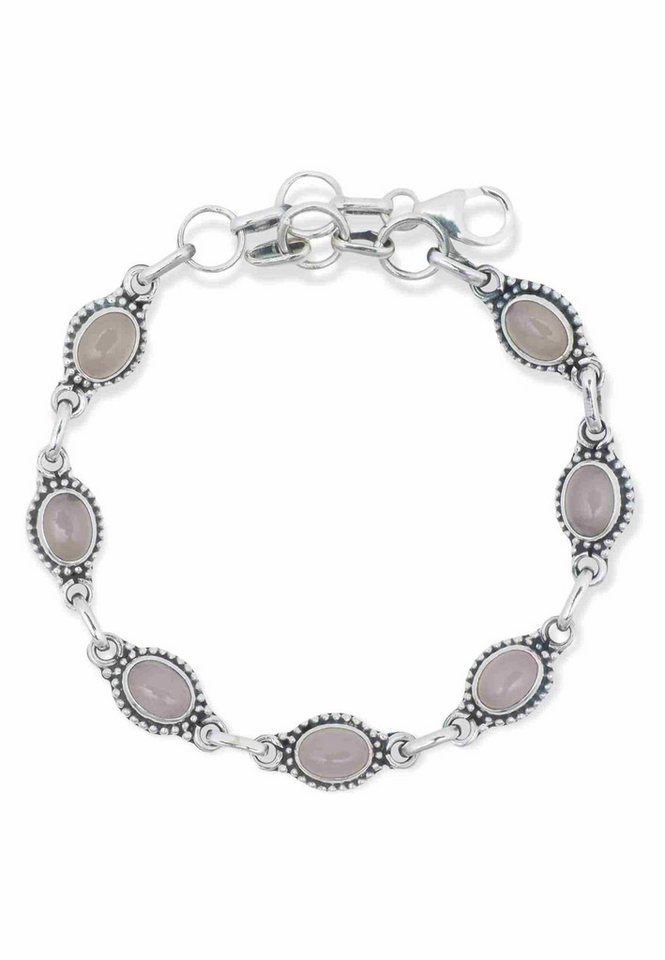 mantraroma Silberarmband PUNTI oval klein aus 925 Silber mit Rosenquarz (Armschmuck im Schmuckbeutel), 925 Sterling Silber Armschmuck für Damen von mantraroma