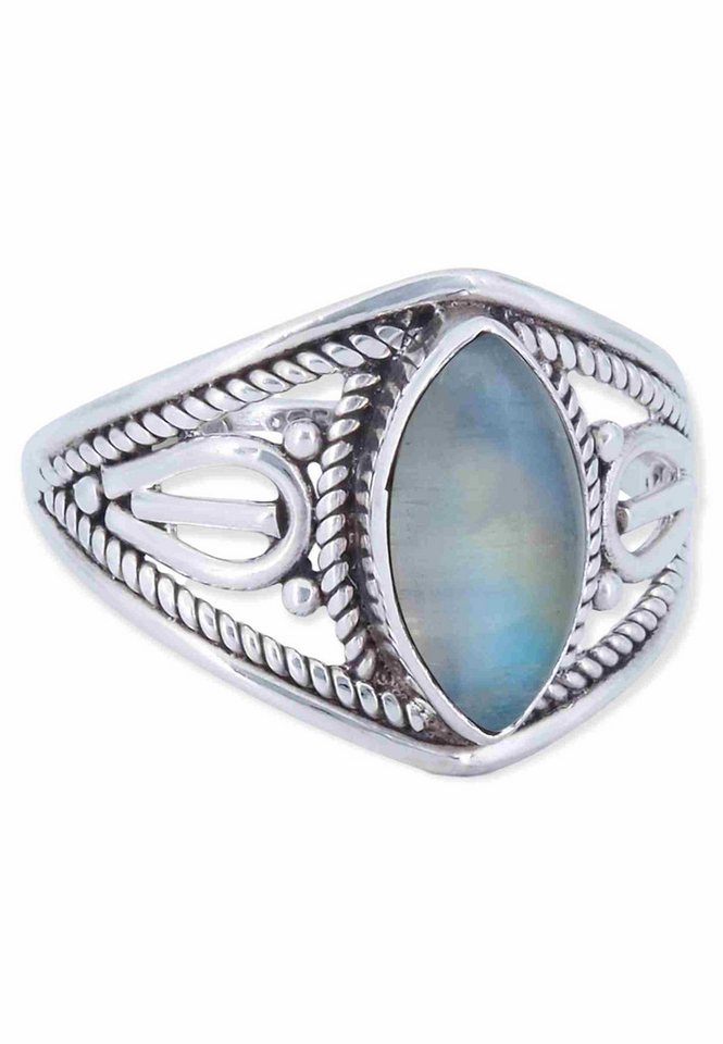 mantraroma Silberring DAHAB Ellipse aus 925 Silber mit Regenbogen Mondstein (Ring mit Schmuckbeutel), Damenring aus 925er Silber von mantraroma