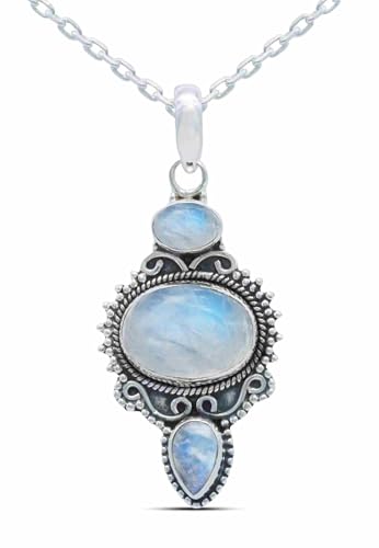 mantraroma echt Silberkette mit Regenbogen Mondstein Edelstein Damen Kettenanhänger 925 Sterlingsilber Halskette Geschenk (AK1-076-04-45) von mantraroma
