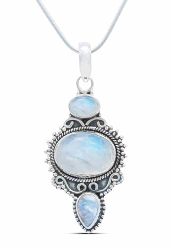 mantraroma echt Silberkette mit Regenbogen Mondstein Edelstein Damen Kettenanhänger 925 Sterlingsilber Halskette Geschenk (AK3-076-04-40) von mantraroma