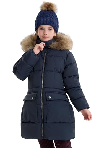 maoo garden Mädchen Wintermantel Faux-Daunen Schwergewicht Schnee Parka Fuzzy-Pelz-Futter Kapuze Wasserdicht lange Jacke Marine 14Y von maoo garden