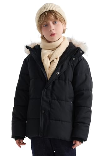 maoo garden Jungen Wintermäntel Kinder gefälschte Daunenjacke mit Fleece-Futter wasserabweisende Windjacke Schwarz 116 von maoo garden