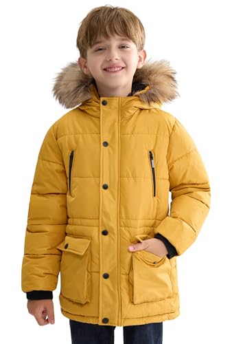 maoo garden Jungen geschwollener Wintermantel Große Kinder Schwergewicht Sherpa gefüttertes Fell Kapuzen-Outdoorjacke Wasserabweisender Schneeparka Gelb 164 von maoo garden