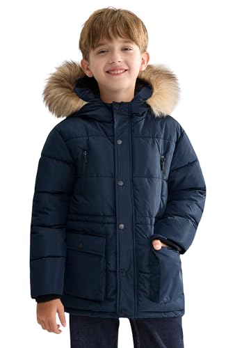 maoo garden Jungen geschwollener Wintermantel Große Kinder Schwergewicht Sherpa gefüttertes Fell Kapuzen-Outdoorjacke Wasserabweisender Schneeparka marineblau 152 von maoo garden