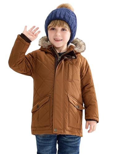 maoo garden Kleinkind Jungen Sherpa gefütterte Winterjacke 3-7 Jahre Kleine Kinder Geschwollene Fellkapuze Wasserabweisender Mantel Braun 110 von maoo garden