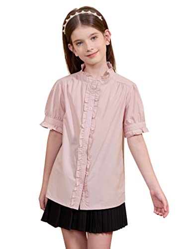 maoo garden Mädchen Casual Kurzarm Blusen Baumwolle Schuluniform Rüschenkragen Button Down Hemden Rosa 13-14Y von maoo garden