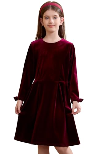 maoo garden Mädchen Langarm Samtkleid Party Rundhalsausschnitt Vintage Schlichtes Kleid für Kinder 116 von maoo garden