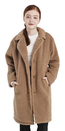 maoo garden Mädchen Langer Wintermantel aus Sherpa-Fleece Leichter Übergangsmantel im Peacoat-Stil mit Trenchcoat-Längenschnitt für Schulkinder Kamel 128 von maoo garden