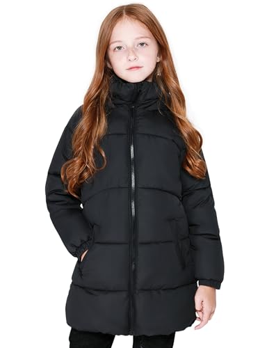 maoo garden Mädchen Winter Langer Puffer Leichter Mantel Dick gepolstert Weiches Fleece Jacke mit Kapuze 817 Schwarz 13-14Y von maoo garden