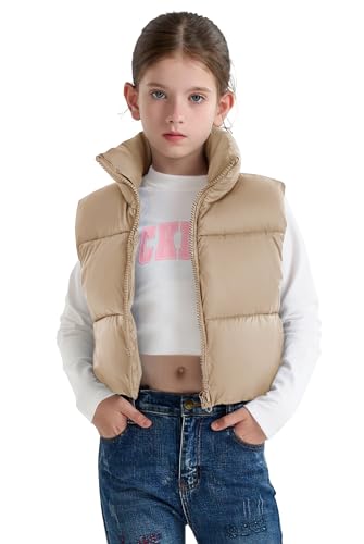 maoo garden Mädchen Winter Pufferweste Daunenimitat kurz geschnitten leichte wasserabweisende ärmellose Jacke für große Mädchen Beige 10 Jahre von maoo garden