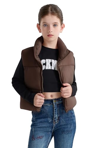 maoo garden Mädchen Winter Pufferweste Daunenimitat kurz geschnitten leichte wasserabweisende ärmellose Jacke für große Mädchen Braun 10Y von maoo garden