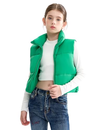 maoo garden Mädchen Winter Pufferweste Daunenimitat kurz geschnitten leichte wasserabweisende ärmellose Jacke für große Mädchen Grün 12Y von maoo garden