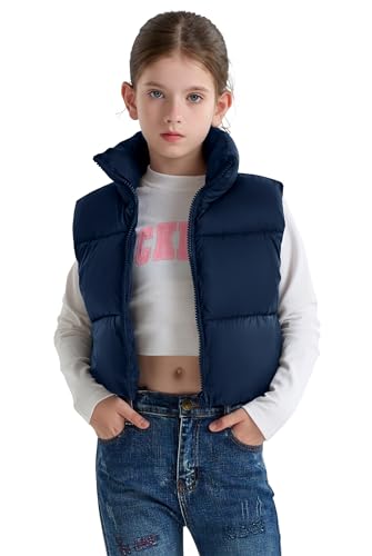 maoo garden Mädchen Winter Pufferweste Daunenimitat kurz geschnitten leichte wasserabweisende ärmellose Jacke für große Mädchen Marine 12Y von maoo garden