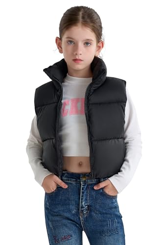 maoo garden Mädchen Winter Pufferweste Daunenimitat kurz geschnitten leichte wasserabweisende ärmellose Jacke für große Mädchen Schwarz 8 Jahre von maoo garden