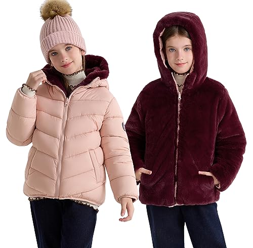 maoo garden Mädchen Winter Reversible Puffer Jacke Kinder Schwergewicht Faux-Daunen Fuzzy Fleece gefüttert Wasser-Resistant Coat Rosa 12Y von maoo garden