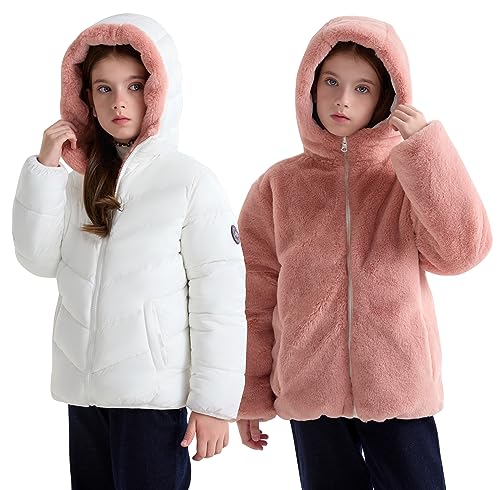 maoo garden Mädchen Winter Reversible Puffer Jacke Kinder Schwergewicht Faux-Daunen Fuzzy Fleece gefüttert Wasser-Resistant Coat Weiß 12Y von maoo garden