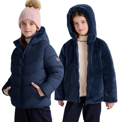 maoo garden Mädchen Winter wendbare Puffjacke Kinder schwerer flauschiger Fleece gefütterter wasserabweisender Mantel 128 von maoo garden