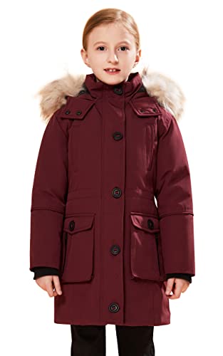 maoo garden Mädchen Wintermäntel schwere wasserdichte Jacke mittellanger Fell Kapuzenparka Weinrot 110-116cm von maoo garden