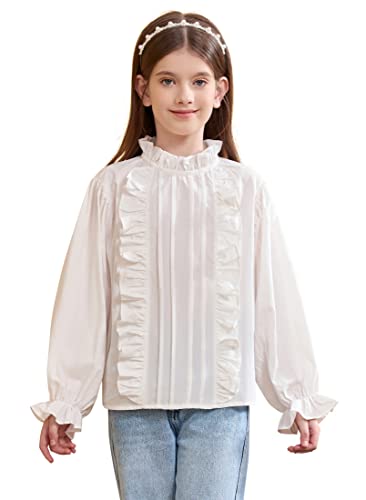maoo garden Mädchen weiße Bluse Peter Pan Rüschen Langarm Baumwolle Button-Down-Uniform-Hemden 140 von maoo garden