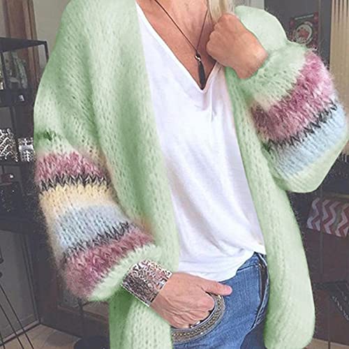 maozuzyy Strickjacke Cardigan Pullover Mantel Damen Pullover Gestreifte Mohair Strickjacke Warme Laternenärmel Strickpullover Casual Verdicken Lose Damen Tops XL Hellgrün von maozuzyy