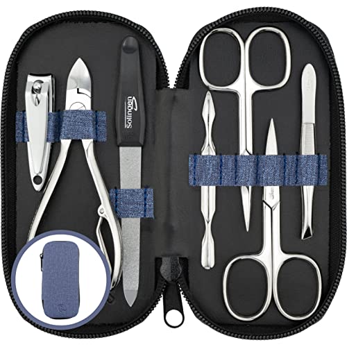 marQus Maniküre Set Herren und Damen 7 Teile mit Nagelzange Solingen Made in Germany für Hand- und Fußpflege - Kunstleder Etui in Jeans-Optik von marQus