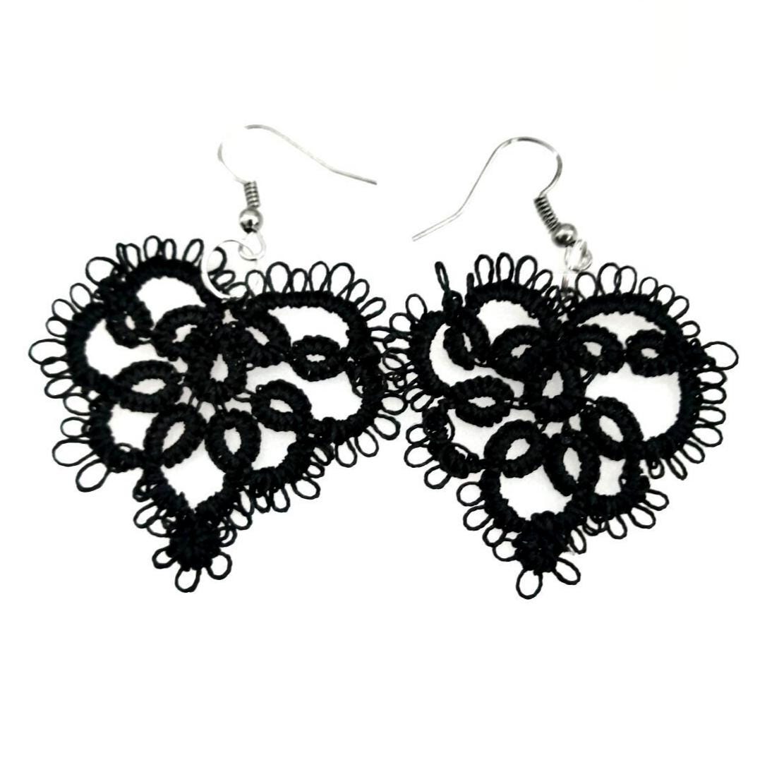 Schwarze Ohrringe Herz Nadelocchi Gehäkelt Handarbeit Spitzenschmuck Ohrhänger Filigran Geschenk Für Frauen von maraeilis