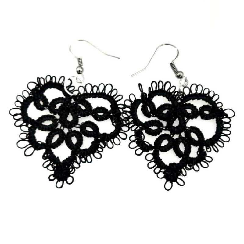 Schwarze Ohrringe Herz Nadelocchi Gehäkelt Handarbeit Spitzenschmuck Ohrhänger Filigran Geschenk Für Frauen von maraeilis