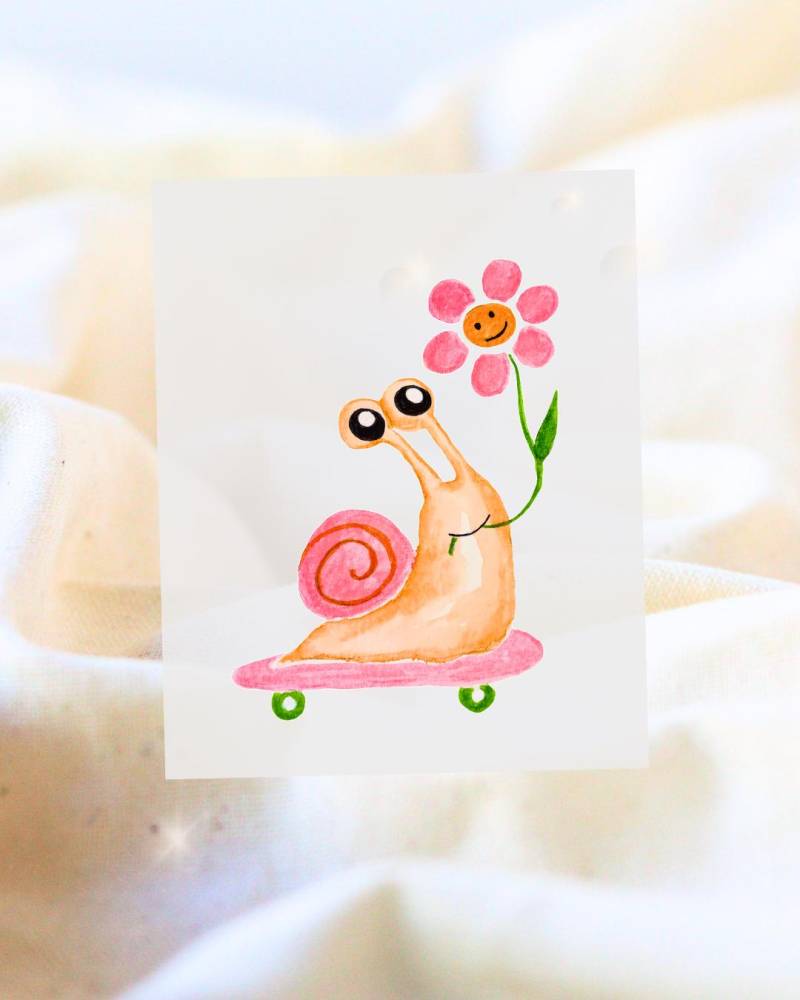 Midi Niedliches Bügelbild Schnecke Auf Skateboard | Aquarell Dtf Druck Transfer von marcelinecreatives