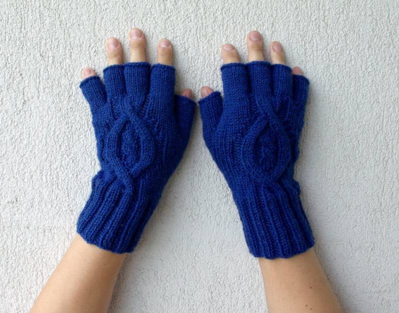 Herren Fingerlose Handschuhe - Blau Kabelmuster Geschenk Für Ihn Halbe Fingerhandschuhe von mareshop
