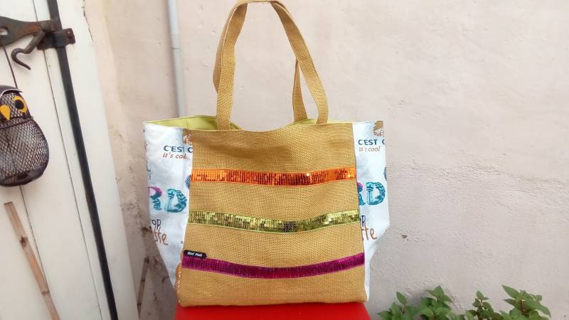 Große Strandtasche Aus Senf Jute Leinwand Und Baumwolle Bedrucken Cool Große Strandtasche Aus Senf Jute Leinwand Und Baumwolle Bedrucken Cool von marie1creation