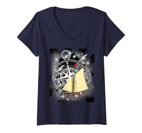 Damen 60er Retro Schiff maritim Segelschiff Möwe T-Shirt mit V-Ausschnitt Damen 60er Retro Schiff maritim Segelschiff Möwe T-Shirt mit V-Ausschnitt von maritim Schiff Meer