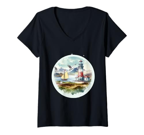 Damen Natur maritim Segelschiff Möwen Schiff Boot Leuchtturm T-Shirt mit V-Ausschnitt Damen Natur maritim Segelschiff Möwen Schiff Boot Leuchtturm T-Shirt mit V-Ausschnitt von maritim Schiff Meer