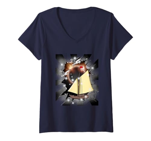 Damen Retro Möwen maritim Segelschiff Schiff Sonnenfinsternis T-Shirt mit V-Ausschnitt Damen Retro Möwen maritim Segelschiff Schiff Sonnenfinsternis T-Shirt mit V-Ausschnitt von maritim Schiff Meer