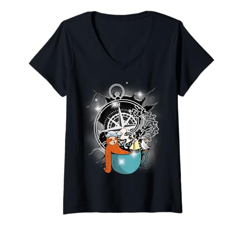Damen maritim Möwen Faultier Jungen Seemann Kinder Kompass T-Shirt mit V-Ausschnitt Damen maritim Möwen Faultier Jungen Seemann Kinder Kompass T-Shirt mit V-Ausschnitt von maritim Schiff Meer