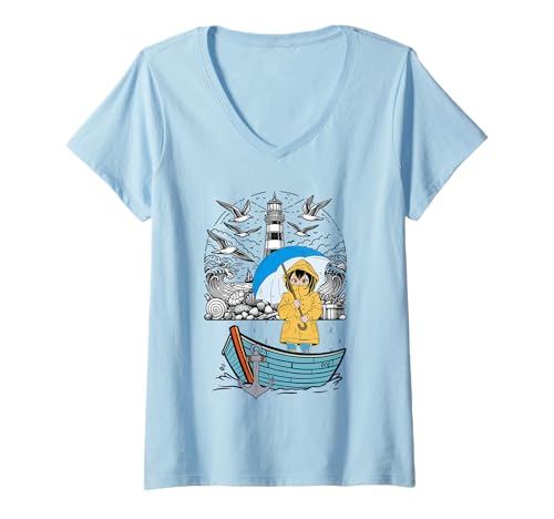 Damen maritim Boot Boote Ruderboot Mädchen Kinder Leuchtturm T-Shirt mit V-Ausschnitt Damen maritim Boot Boote Ruderboot Mädchen Kinder Leuchtturm T-Shirt mit V-Ausschnitt von maritim Segelschiff Schiff