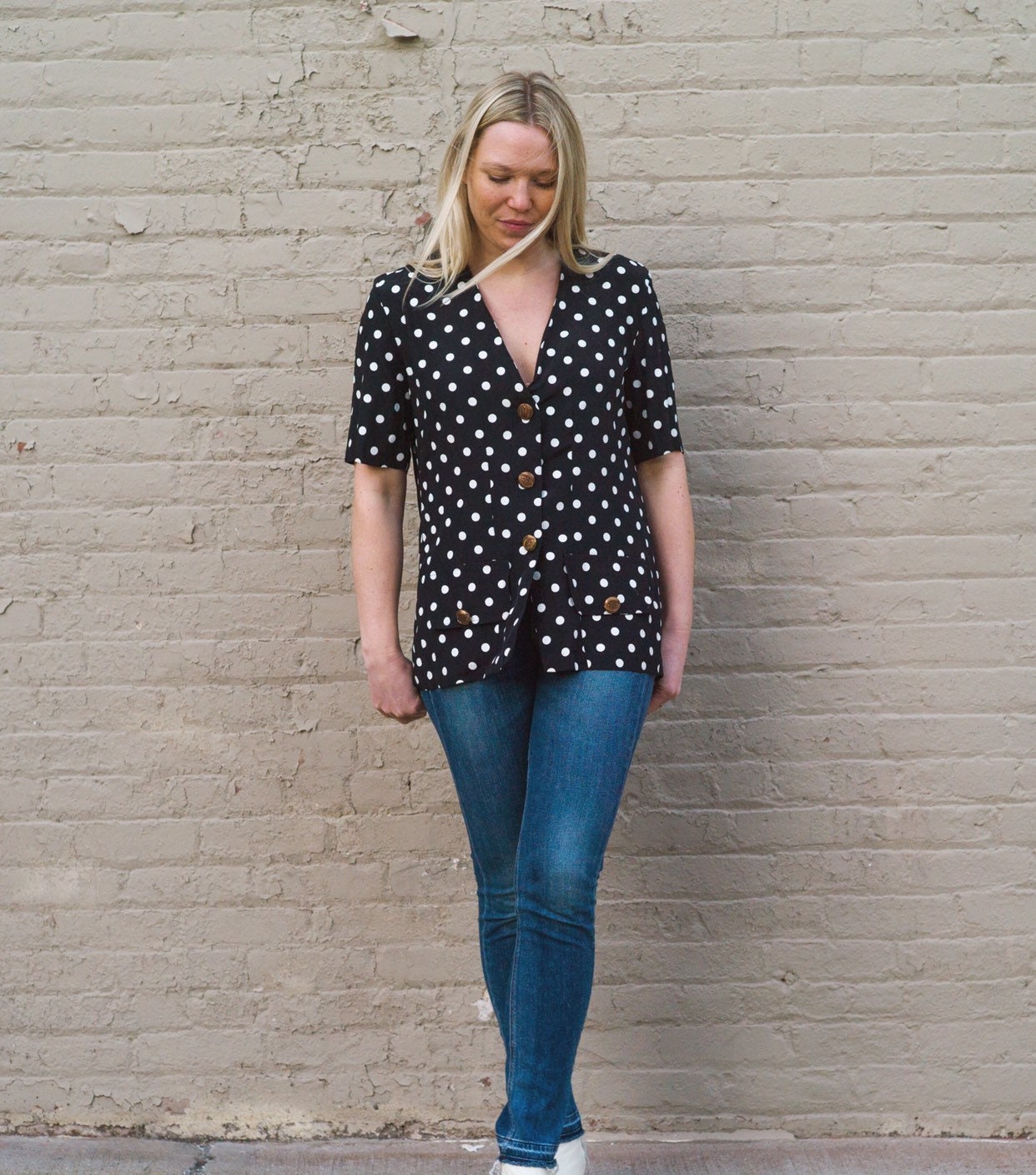 Jahrgang Der 1990Er Jahre Polka Dot Kurze Ärmeln Blazer Oder Top/Größe Medium Große von marketvintagebk