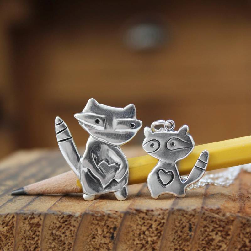 Mutter-Sohn-Waschbär-Halsketten-Set Sterling Silber Charm Anhänger von marmar