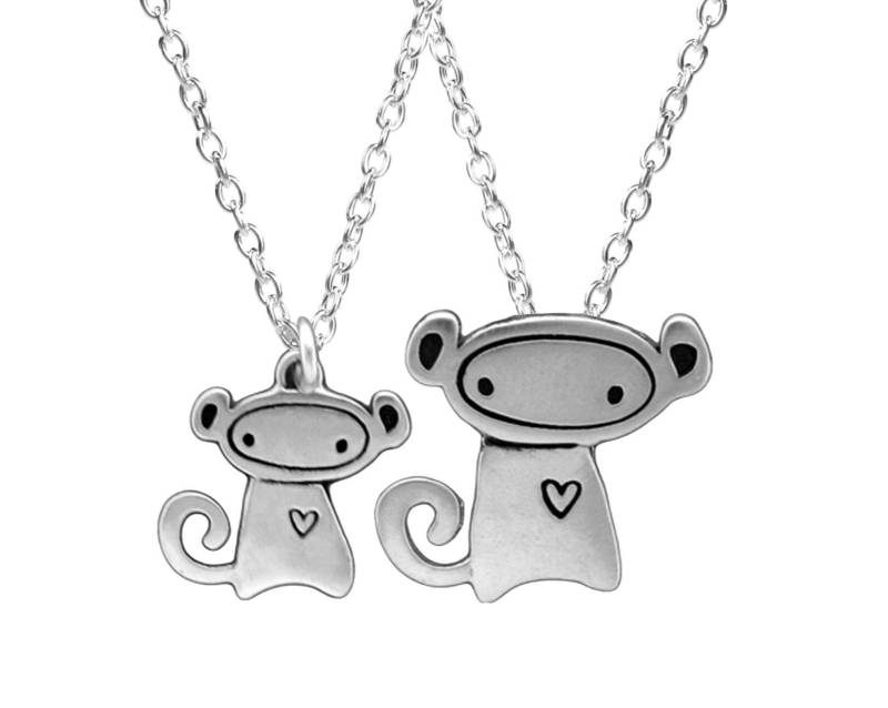 Mutter Tochter Affe Charm Halsketten-Set - Silber Anhänger An Verstellbarer Sterling Kette von marmar