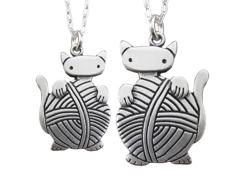 Mutter Tochter Sterling Silber Katze Halskette Set Stricken Kätzchen Charme von marmar