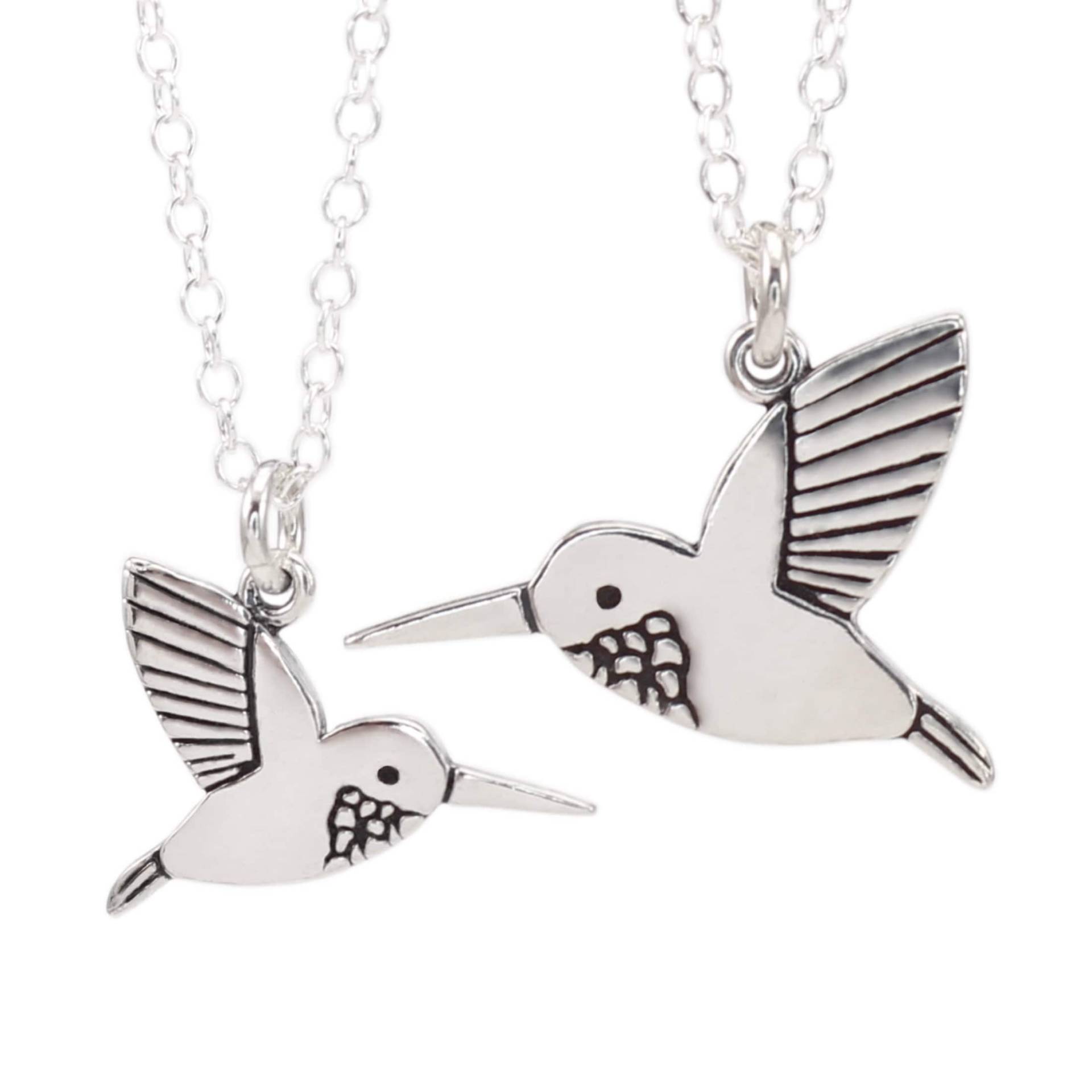 sterling Silber Eltern Kind Kolibri Charm Set - Von Zwei Halsketten Auf Verstellbaren Ketten von marmar