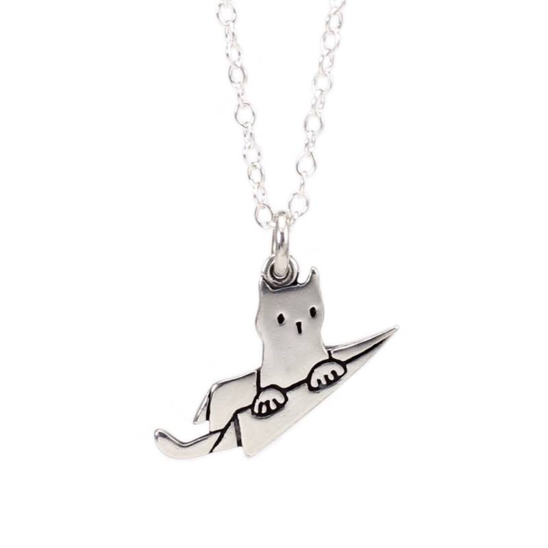 sterling Silber Katzenhalskette - Kitty Anhänger Fliegende Katze Im Papierflieger An Einer Verstellbaren Kette von marmar