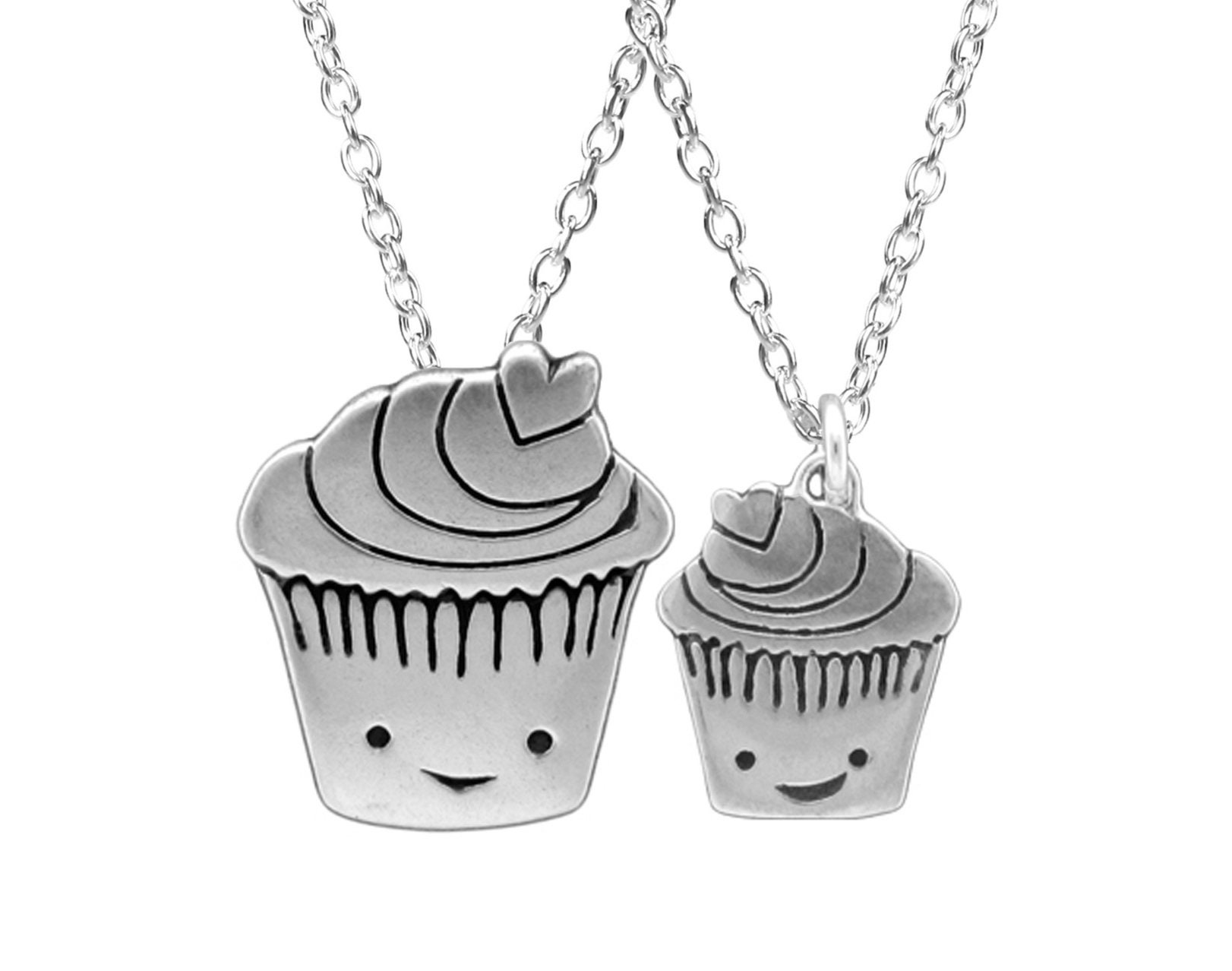 sterling Silber Mutter Kind Cupcake Charm Halskette Set - Anhänger An Verstellbaren Ketten von marmar