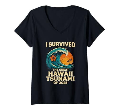 Damen Ich Habe den großen Tsunami auf Hawaii von 2025 überlebt, jeder lernt T-Shirt mit V-Ausschnitt Damen Ich Habe den großen Tsunami auf Hawaii von 2025 überlebt, jeder lernt T-Shirt mit V-Ausschnitt von maroben