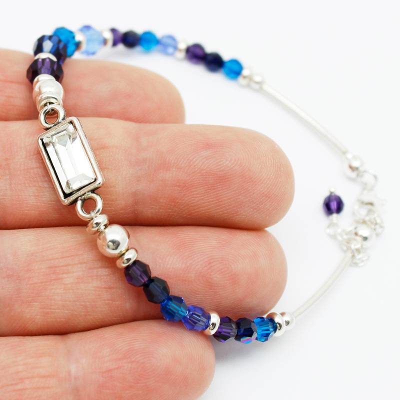 Blau Lila Armband Sterling Silber 925 Zarte Einstellbar Perlen Kristall Lässige Armband, Saphir Boho Tube März Frauen Geschenk von martaky