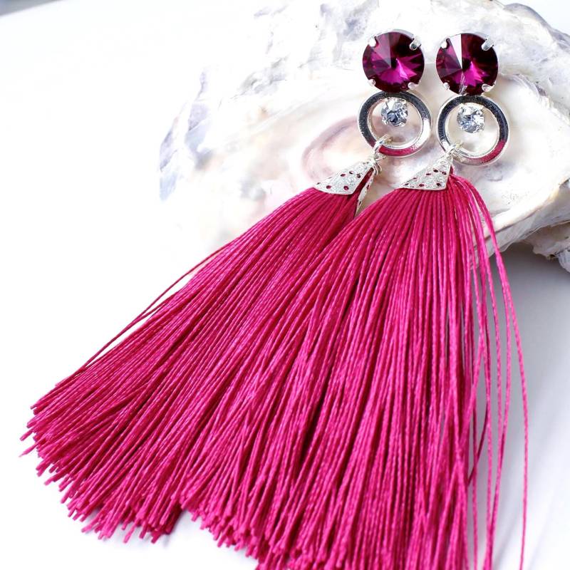 Fuchsia Kristall Quaste Ohrringe, Neon Pink Statement Lange Ohrstecker, Magenta Boho Hippie Schmuck, Kronleuchter Post Fuchsia Kristall Quaste Ohrringe, Neon Pink Statement Lange Ohrstecker, Magenta Boho Hippie Schmuck, Kronleuchter Post von martaky