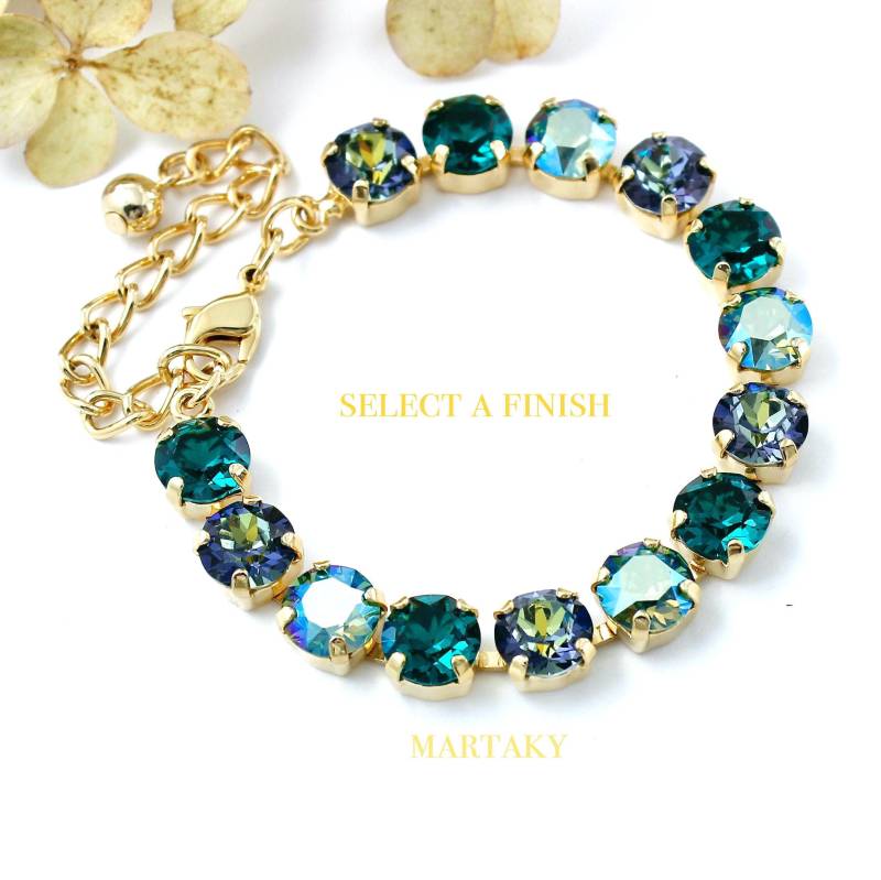Grün Mehrfarbiges Kristall 8 Mm Tennisarmband, Pfau Verstellbares Armband, Smaragd Braut Brautjungfer Moderner Schmuck, Tägliches Frauengeschenk von martaky