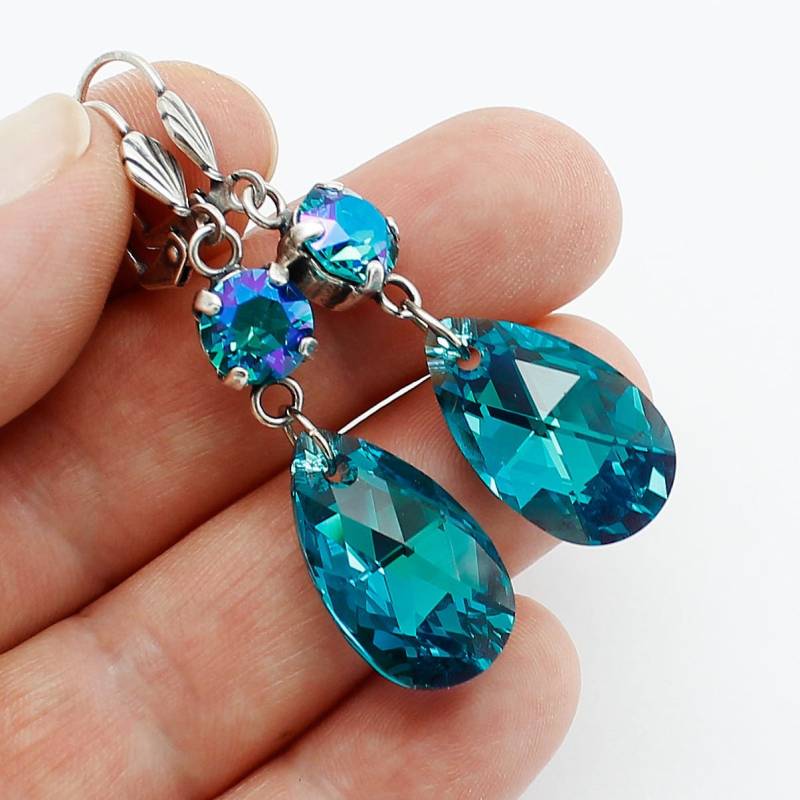 Ohrringe, Türkis Teal Lange Lässige Blauer Zirkon Kristall, Oxidiertes Silber Modern Ohrringe, Türkis Teal Lange Lässige Blauer Zirkon Kristall, Oxidiertes Silber Modern von martaky
