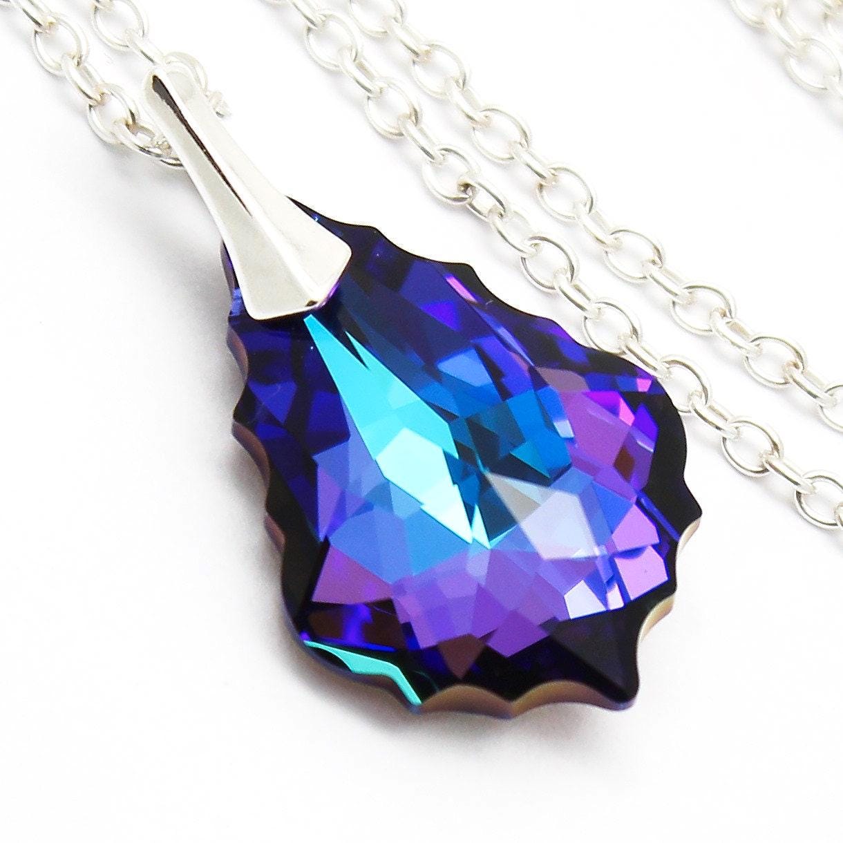 Violet Lila Blau Kristall Halskette Sterling Silber, Barock Heliotrope 22 Mm, Großer Anhänger, Pfau Schmuck, Braut, Brautjungfer Geschenk Violet Lila Blau Kristall Halskette Sterling Silber, Barock Heliotrope 22 Mm, Großer Anhänger, Pfau Schmuck, Braut, Brautjungfer Geschenk von martaky