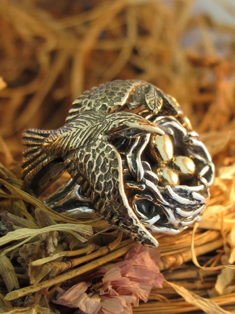 Boho Ring Vogelnest Und Vogel Silber Bronze Version Schmuck Zweifarbiger Puzzle von martymagic