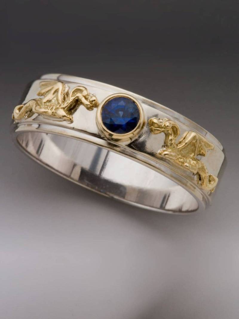 Gold Drachenring - Eternity Dragon Bandring Mit Saphir Ehering Verlobungsring Zweifarbiger Ring Hochzeit Versprechen Goldband von martymagic